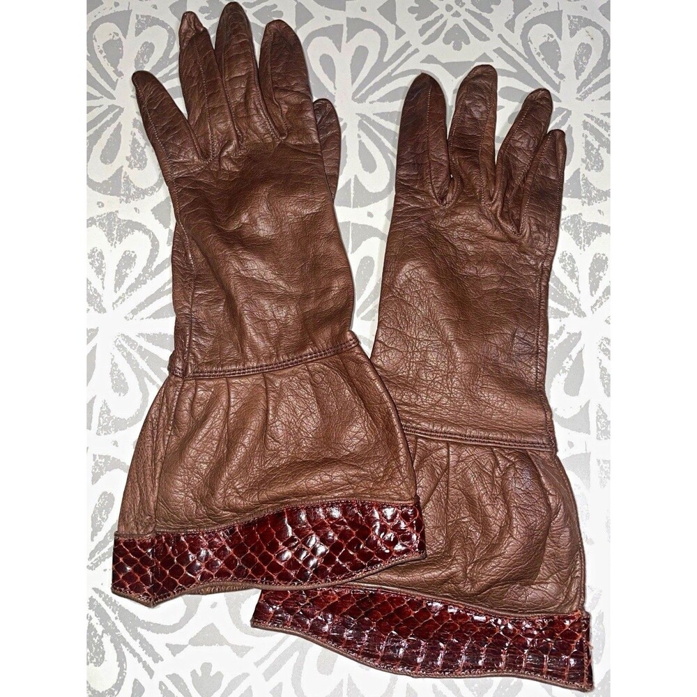 Vintage Brown Leather Gloves Womens Snakeskin Python Trim Gauntlet 70s